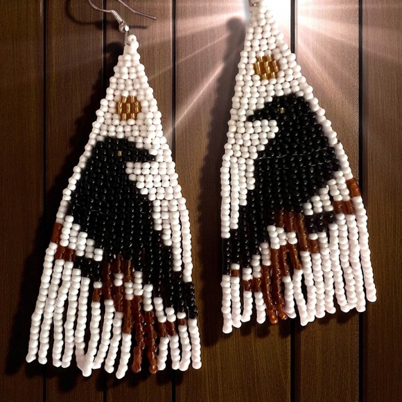 Handcrafted Raven Beaded Earrings Fringe Boho Witchy - Picture 3 of 16
